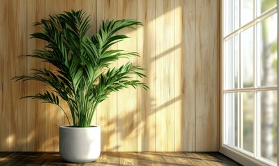 Indoor plant in a pot beside a wooden wall and window with natural light.