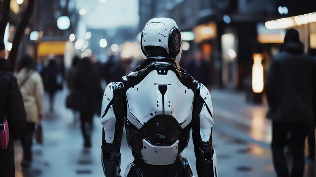 Humanoid robot walking through a futuristic city, symbolizing AI and automation.
