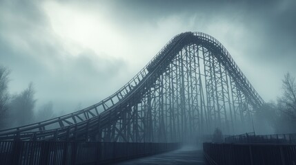 Eerie Roller Coaster in Fog: Thrills and Chills on a Misty Day