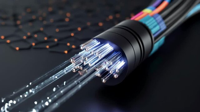 High-tech fiber optic cable transmitting glowing data, illustrating digital speed.