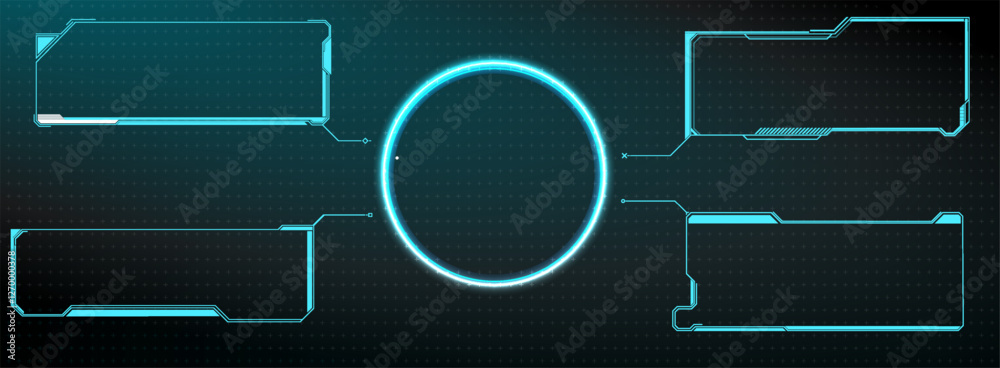 Poster futuristic digital interface with glowing elements and spaces for text in a cybernetic design