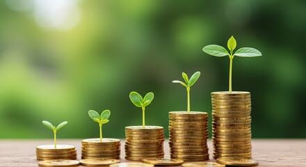 Financial Growth and Investment:  Stacks of Coins with Young Plants Sprouting, Symbolizing Growing Wealth and Potential on Natural Green Background.
