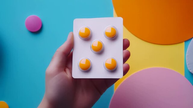 Hand holding a pack of round yellow pills or vitamins against a bold backdrop. Symbolizing prescription medication, pharmaceutical advancements, and modern drug design.