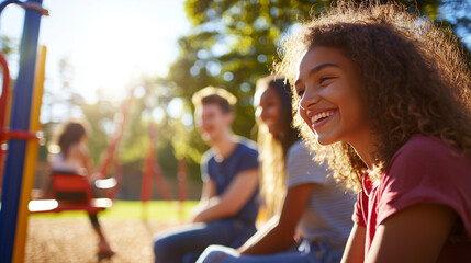 Obraz premium Joyful Friends Enjoying a Vibrant Playground on a Sunny Day