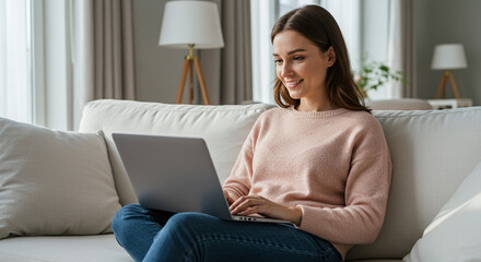 Fototapeta premium Freelancer Working Remotely on a Laptop, Home Office Setup