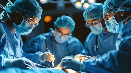 a group of surgeons in special blue clothes stand around an operating table