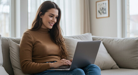 Naklejka premium Freelancer Working Remotely on a Laptop, Home Office Setup