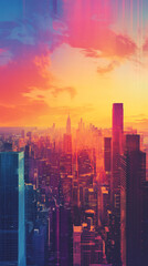 Fototapeta premium Abstract cityscape of New York with skyscrapers in vibrant, gradient colors, reflecting the energy and dynamism of a modern urban environment during sunset.