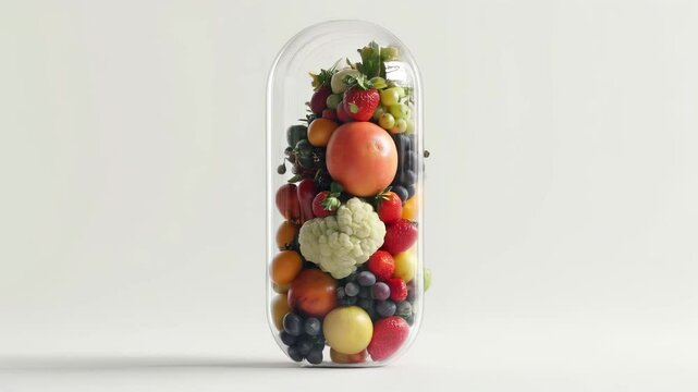 Transparent capsule filled with fresh fruits and vegetables. Conceptual representation of natural vitamins, health, and organic nutrition in a minimalist design.