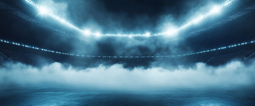 Empty stadium with dramatic lighting and fog on the ground, showcasing an atmospheric sports venue ready for a big event, symbolizing anticipation and excitement.