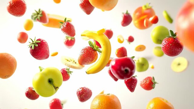 A vibrant mix of fruits floating in the air. Representing freshness, vitality, and the energy of natural nutrition.