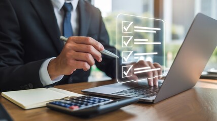Business professional completing tasks on a laptop with checklist overlay