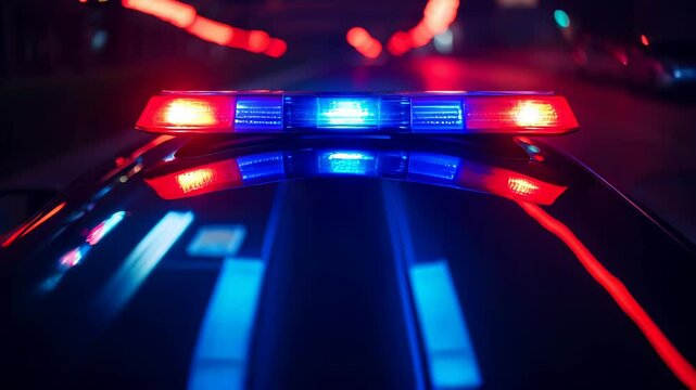 Blinking police siren lights in the dark. Police car with flashing lights representing law enforcement, urgency, and emergency response.