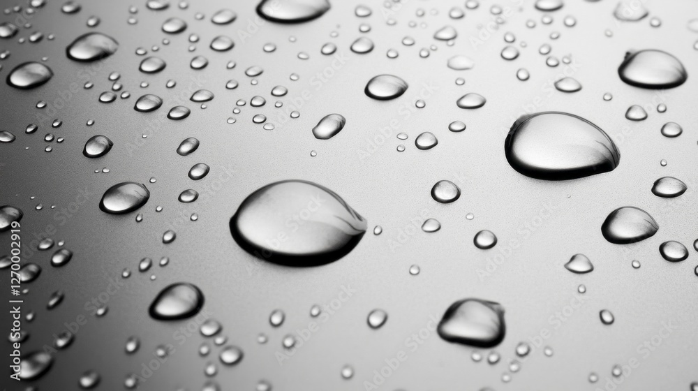 Poster in a moment frozen in time, glistening water droplets form delicate patterns on a smooth, shiny surf