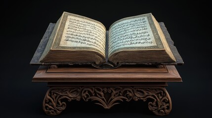 Antique Book on Wooden Stand: Intricate Carving and Calligraphy
