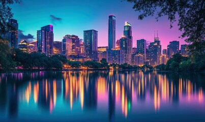 Obraz premium Futuristic city skyline at dusk with glowing skyscrapers, reflections shimmering on the nearby rive