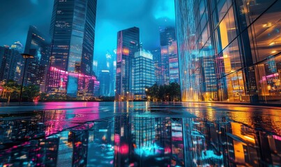Obraz premium Futuristic cityscape at night, featuring glowing neon lights and towering glass buildings reflecting the vibrant atmosphere.