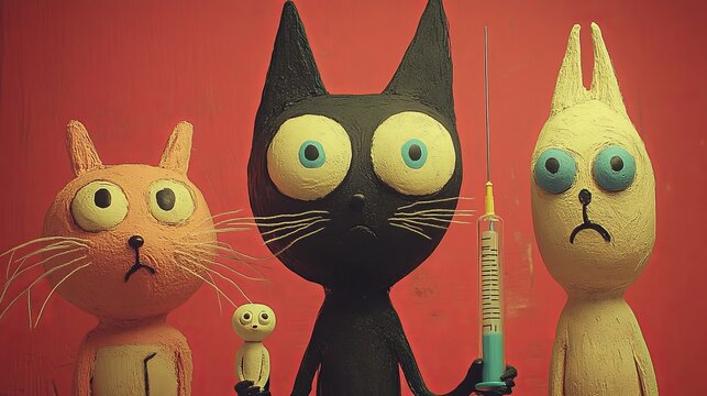 Kittens dancing in a meme and a warhead-equipped rocket on a red background. An anti-war, apocalyptic theme emphasizing the threat and danger of nuclear weapons of mass destruction
