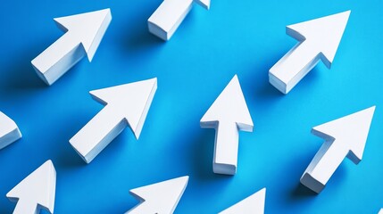 Fototapeta premium White Arrows Pointing Upward in Various Directions, Isolated on a Vivid Blue Background.