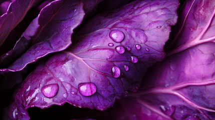 Obraz premium Close-up shot of purple cabbage leaves with water droplets, showcasing the intricate texture, vibrant colors, and moisture, representing the richness and freshness of nature.
