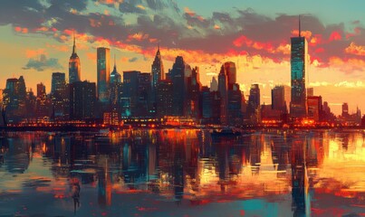 Fototapeta premium Golden hour cityscape with towering skyscrapers, reflections in the water, and vibrant hues painting the sky, capturing urban beauty.