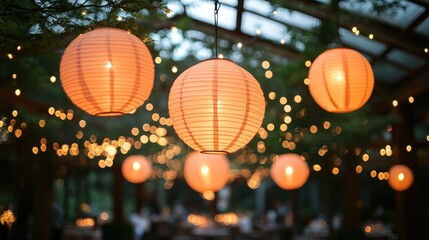 Elegant paper lanterns and string lights create a magical ambiance