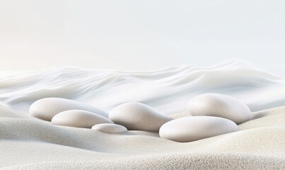 Minimalist arrangement of smooth white pebbles on a sandy beach with gentle waves in the background, styled to evoke calm and simplicity