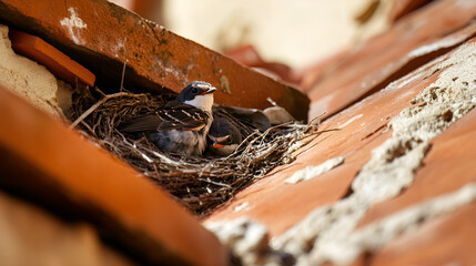 Nest of baby swallows resting under a rooftop with clay tiles

