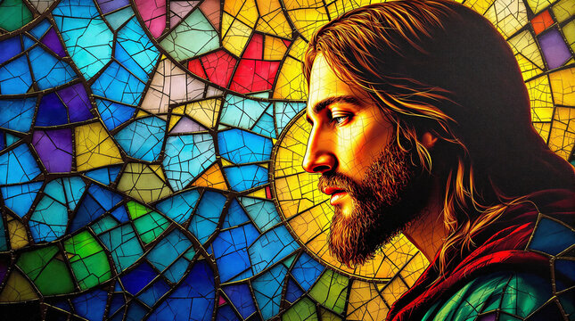 Ilustra&ccedil;&atilde;o art&iacute;stica de Jesus Cristo em perfil, com aur&eacute;ola dourada, sobre fundo de vitral colorido vibrante, transmitindo espiritualidade, f&eacute; e beleza sacra.