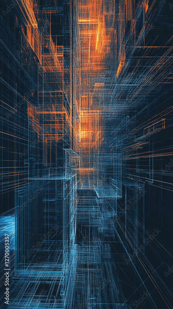 Poster abstract 3d wireframe structures with glowing orange and blue lines, representing technology, digita