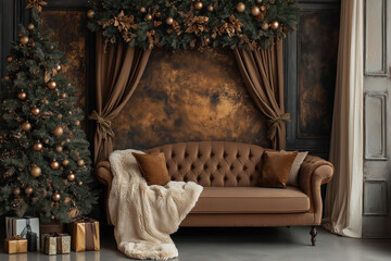 Brown elegant, luxurious sofa among Christmas trees. Place for a photo shoot, photo studio. Modern photophone of high quality. Rest place