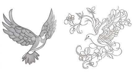 Obraz premium Artistic illustration of flying birds surrounded by floral designs, intricate and elegant line work