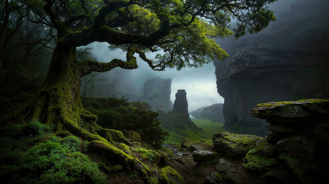 Mossy Ancient Tree in a Fog-Shrouded Canyon