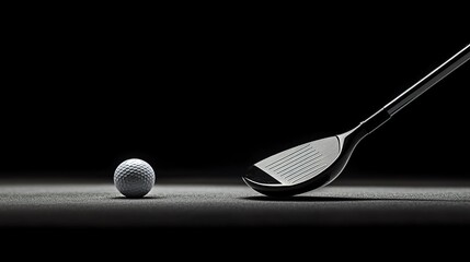 Close-up of a golf club and ball positioned for a swing.