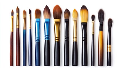 Fototapeta premium Variety of professional artist paintbrushes in a row on white background