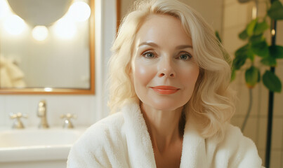 Beautiful middle-aged blonde woman doing daily morning beauty routine in bathroom, generated ai
