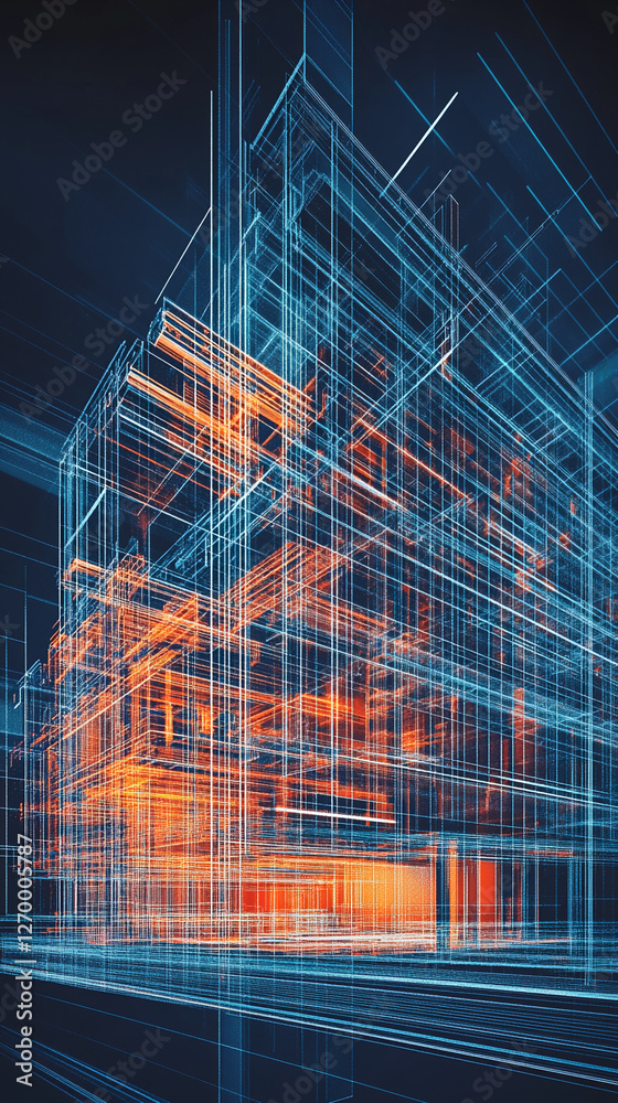 Aufkleber abstract 3d wireframe structure with glowing orange and blue lines, representing digital architectur