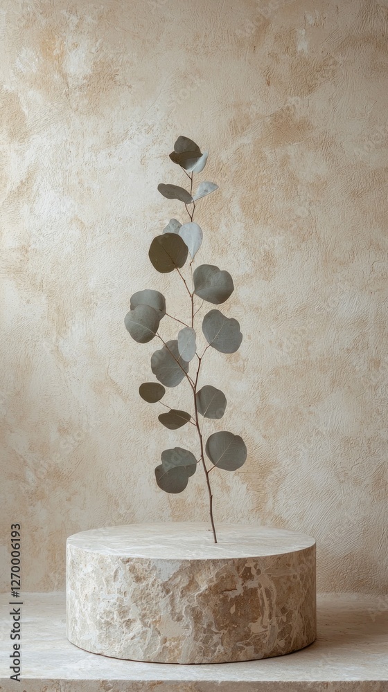 Poster a minimalist podium showcases a single slender branch adorned with soft leaves, set against a subtly