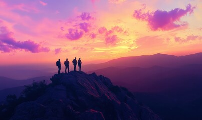 Group of hikers standing on a mountain peak, gazing at the breathtaking sunrise, vibrant hues illuminating the rugged terrai