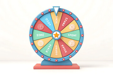 Colorful Wheel of Fortune for Engagement and Prizes. A vibrant, 3D wheel of fortune with various segments, each displaying text and icons.