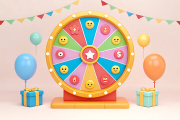 Colorful Prize Wheel with Kids at a Birthday Party. A fun, cartoon-style prize wheel with numbers and dollar signs sits in front of children at a birthday party.