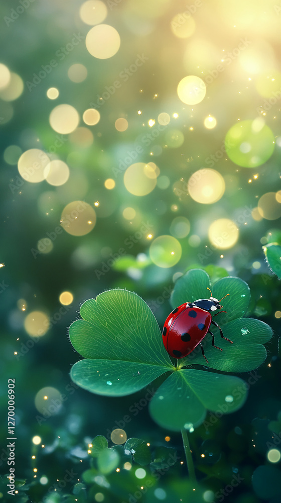 Poster close-up of a ladybug on a clover leaf with soft bokeh background, symbolizing nature, good luck, an