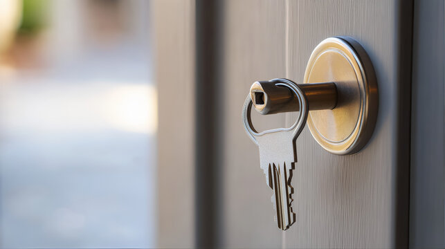 Key inserted into a door lock cylinder, likely a rim automatic deadlatch or nightlatch. Serpentine lock door, key in keyhole. 