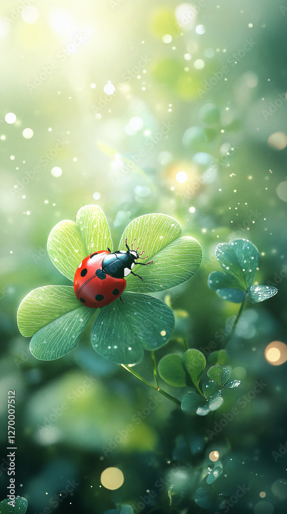 Poster Close-up of a ladybug on a clover leaf with soft bokeh and glowing background, symbolizing nature, luck, and the beauty of spring