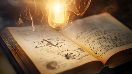 Mystical open book with glowing symbols and magical aura, enchanting and captivating atmosphere
