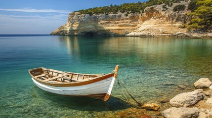 Serene Coastal Scene: Wooden Boat Mooring in Crystal Clear Water