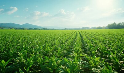 Fototapeta premium Lush green farm field with rows of vibrant crops stretching towards the horizon under bright clear blue skie