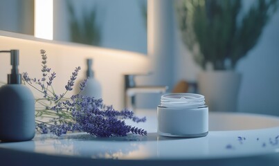 Minimalist bathroom setting with a glass jar of organic face cream surrounded by lavender sprigs for a natural skincare vibe