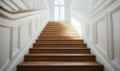Minimalist staircase with warm wooden steps and clean white walls, basking in soft natural light
