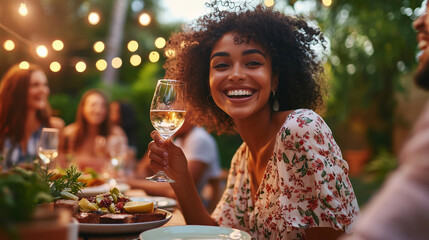 Friends celebrating in a sunlit backyard with food and drinks